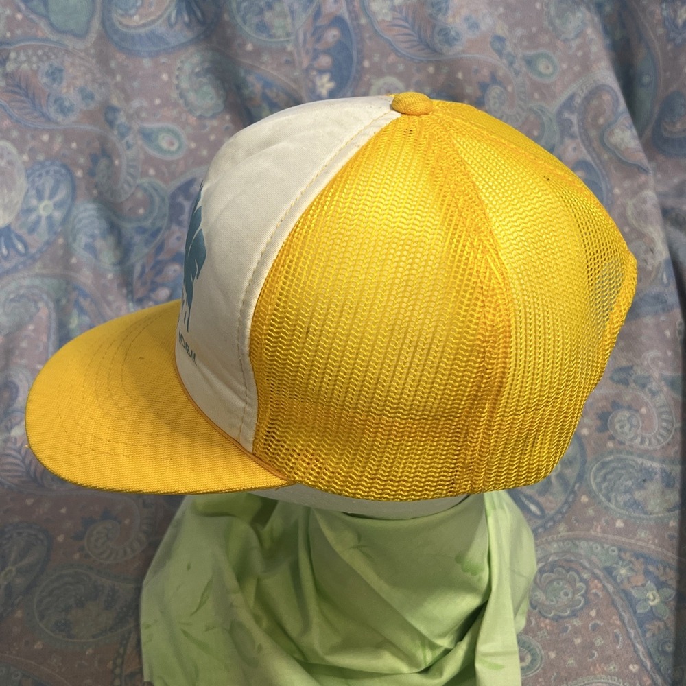 Vintage Crime Doesnt Pay Neither Does My Job Trucker Hat Yellow White Snapback - Picture 6 of 16